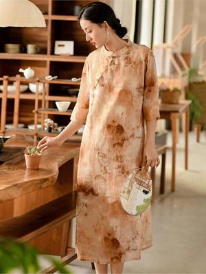 Chinese Style Ramie High Quality Dress Spring Summer Stand Retro Women A-Line Print Floral Dresses