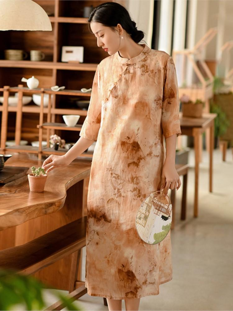 Johnature Chinese Style Ramie High Quality Dress Spring Summer Stand Retro Women A-Line Print Floral Dresses