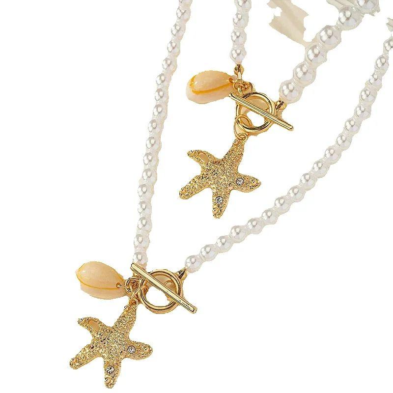 Obega 2 PCS Jewelry Set Imitation Pearl Girly Gold Color Starfish Pendant Necklace Bracelect With Shiny Crystal Stone Jewelry