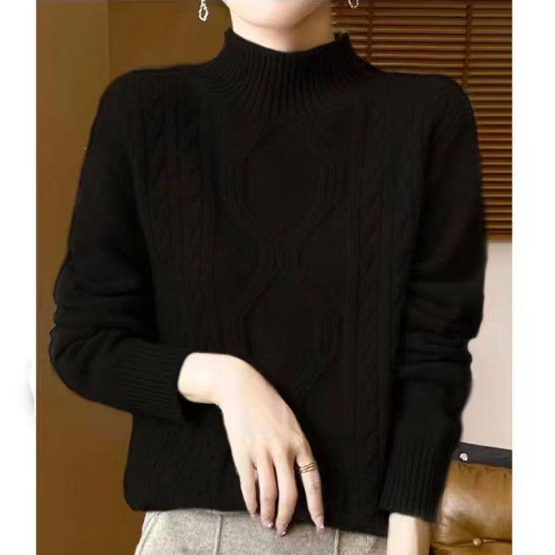 

Женский зимний толстый свитер из чистой шерсти - пуловер с высоким воротником-половиной, силуэт H, обычная посадка с расклешенным низом, средней эластичности, с длинным рукавом 2XL чёрный