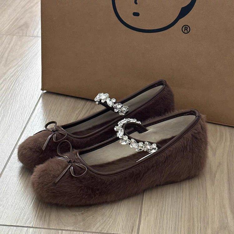 Small Man Inner Height Increase 5cm French Ballet Fluffy Shoes Women Wear Velvet Rhinestone Mary Jane Shoes In Winter