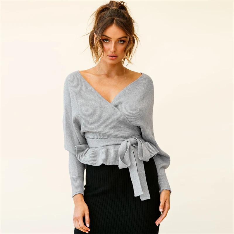 Office Lady Solid Color Tops Autumn Winter Sexy V-neck Back Strap Pullover Women Elegant Fashion Sweater Loose Clothes  28267