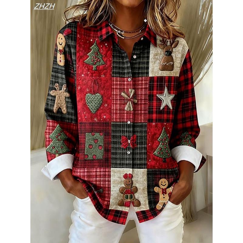 Christmas Women's Shirt Graphic Plaid Snowflake Elegant Vintage Tropical Long Sleeve Shirt Collar Regular Tops Daily Holiday