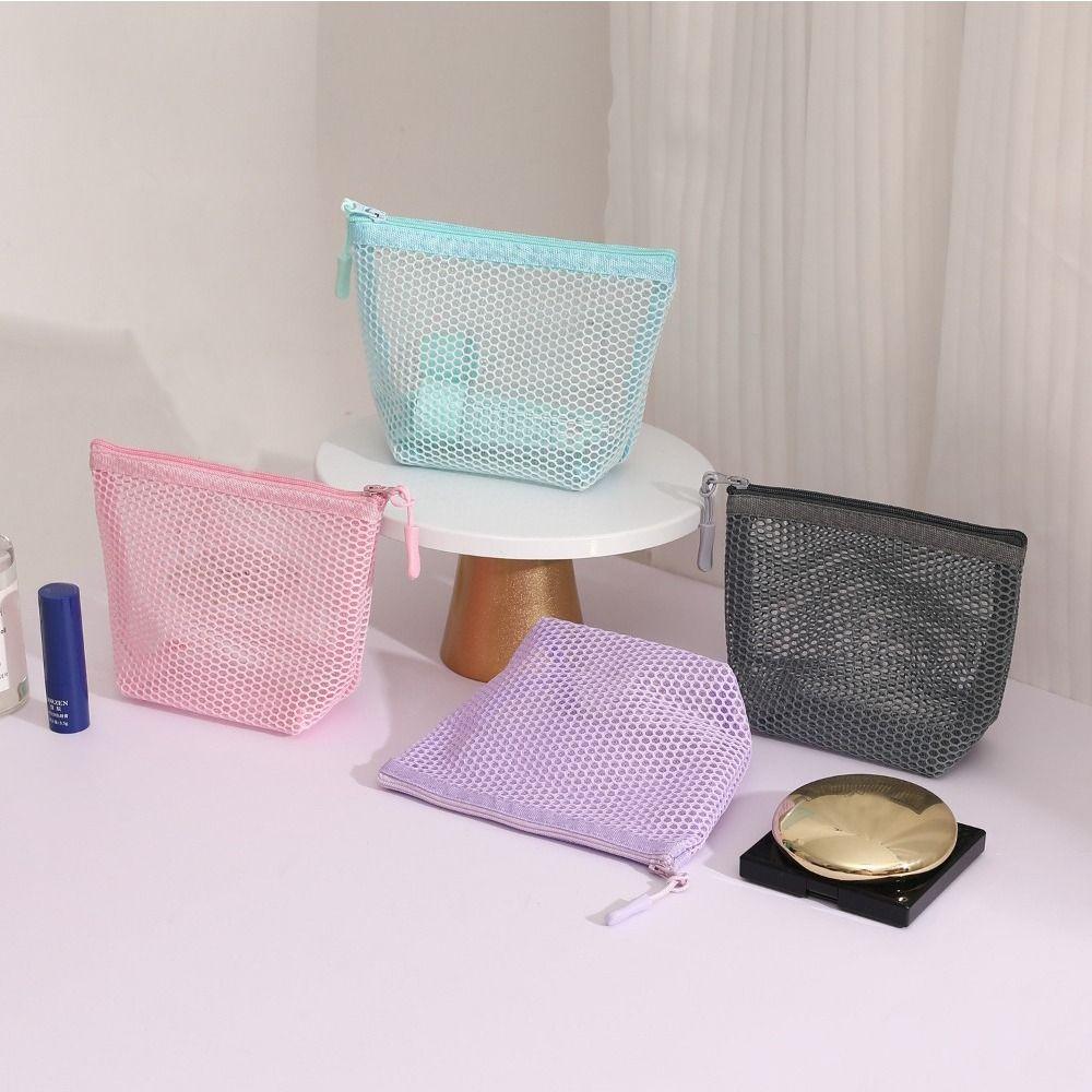Portable Mesh Cosmetic Bag Dopamine Transparent Lipstick Makeup Bag Large Capacity Zipper Coin Purse for Women Girls