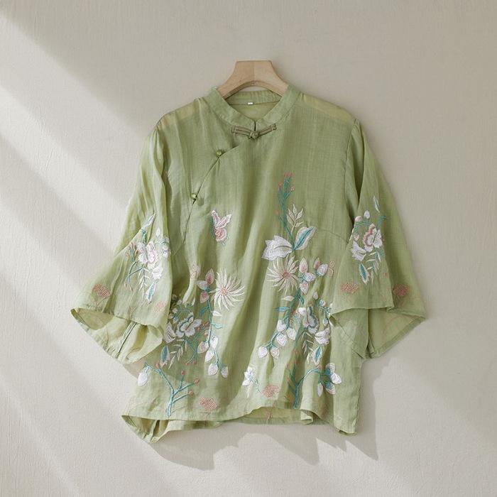 

Ретро рубашка для женщин, лето, новый китайский стиль, косая планка, пуговицы, круглый вырез, рубашка, топ 3XL