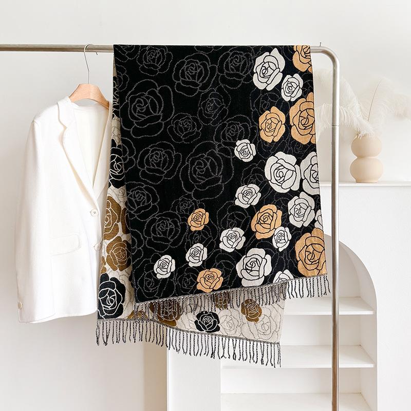 

Модный двухсторонний шарф с принтом, зимний высококачественный теплый платок для женщин 190cm чёрный