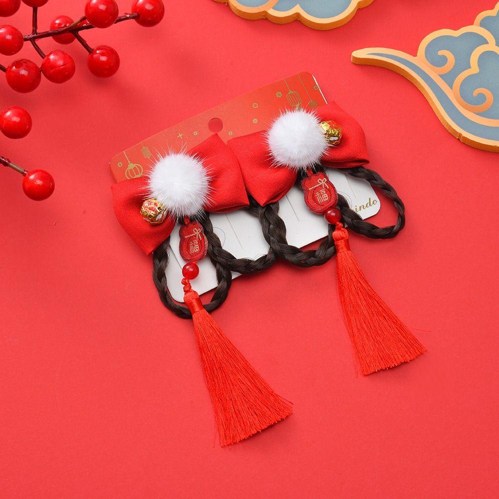2pcs Tassel Wig Braid Hairpin Hanfu Headdress Children Hair Clip Hair Accessories Red Bow Hairpin