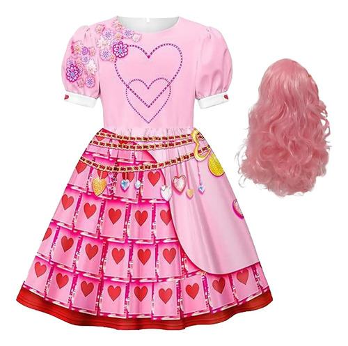Girls' 4-piece Costume Set, Pink Dress With Pink Wig, Hall