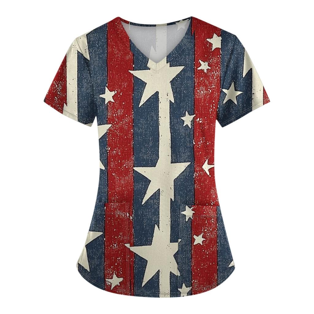 Damenmode V-Ausschnitt Kurzarm Overalls mit Taschen Unabhängigkeitstag Bedruckte Oberteile Kleidung