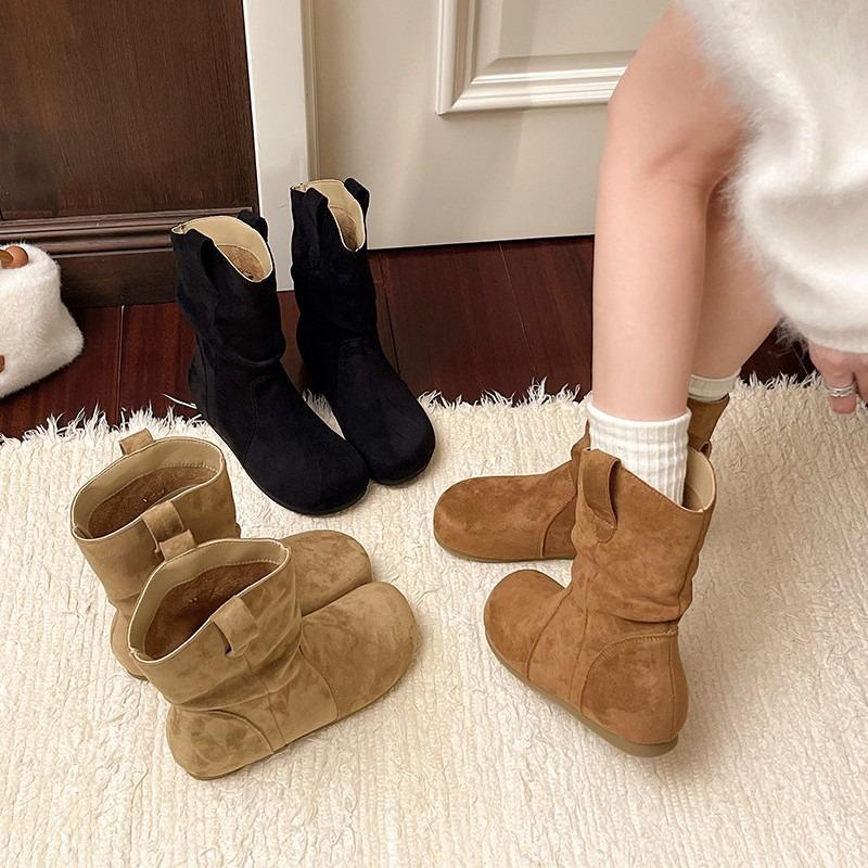 Retro pleated stacked short Martin boots women's autumn new simple and thin retro flat knight boots