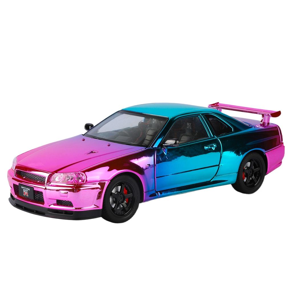 1/24 Nissan Electroplated GT-R GTR R34 Alloy Sports Car Model Diecasts Metal Track Racing Car Vehicles Model Sound Light Kids Toys Gift