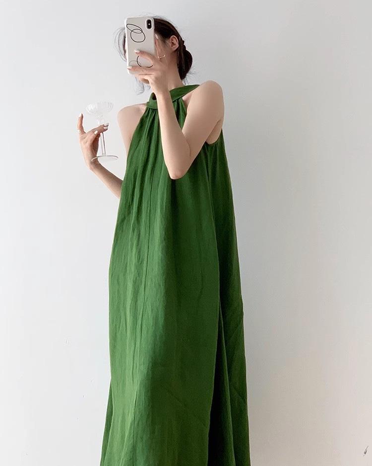 2026 Summer French Halter Neck Off-Shoulder Waist-Cinched Vacation Dress L