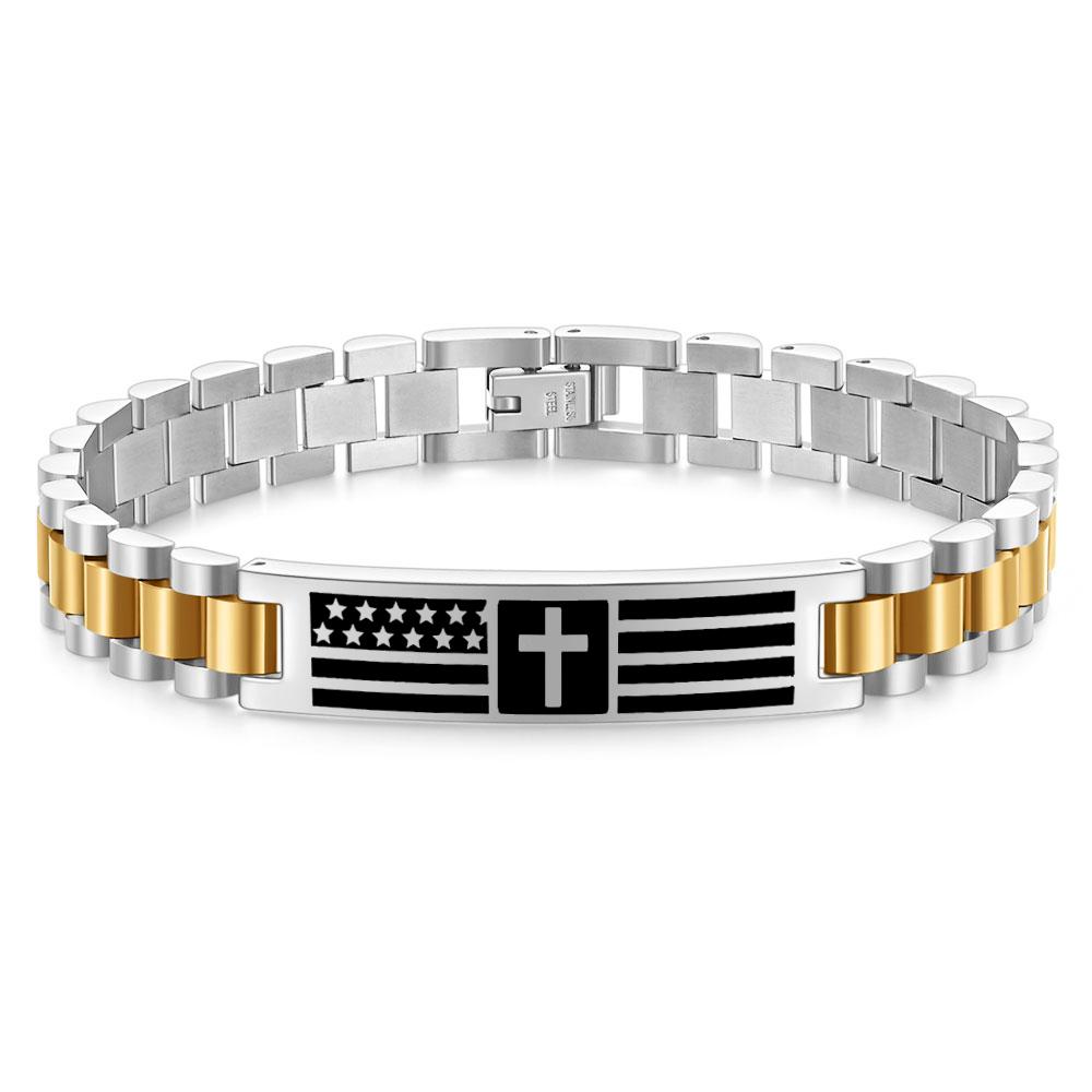 10MM Engraved Cross Bracelet, Men's Stainless Steel Scripture Curved Plate Bracelet