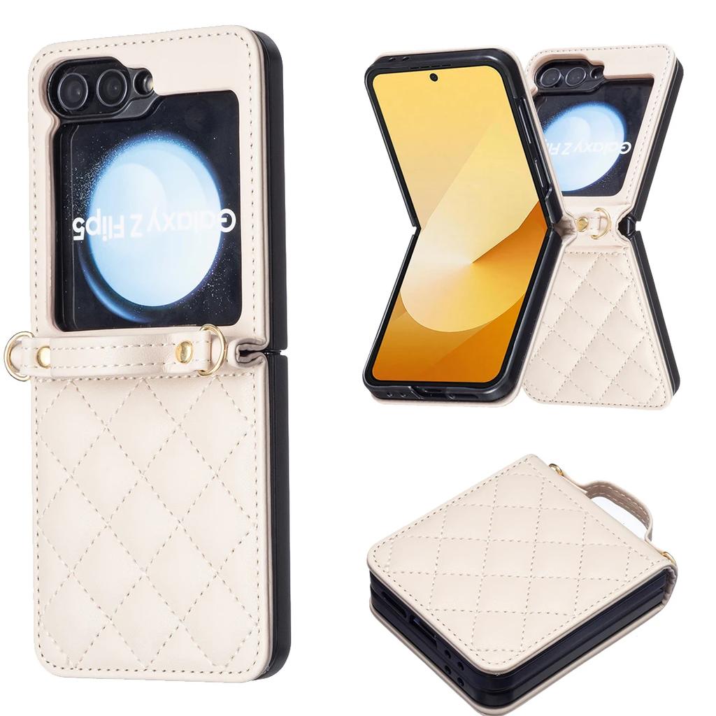 Luxury Crossbody Diamond Leather Case For Samsung Galaxy Z Flip 7 FE 6 5 4 3 5G Flip6 Shoulder Strap Slim Plain Folding Cover