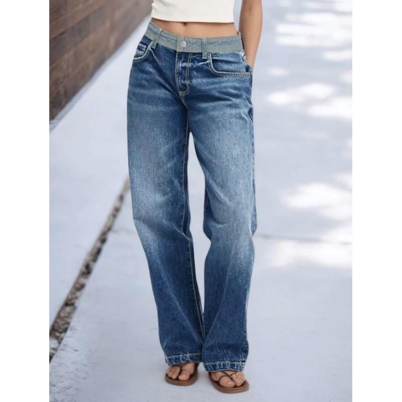 Women's Spring Design Patchwork Color-Block Vintage Casual Jeans Unique Commuter Jeans