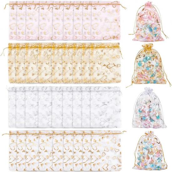Beebeecraft 80Pcs 4 Colors Organza Bags 5x7 Inch Heart Organza Mesh Gift Drawstring Pouches Pink Gold Silver White for Christmas Candy Wedding Party
