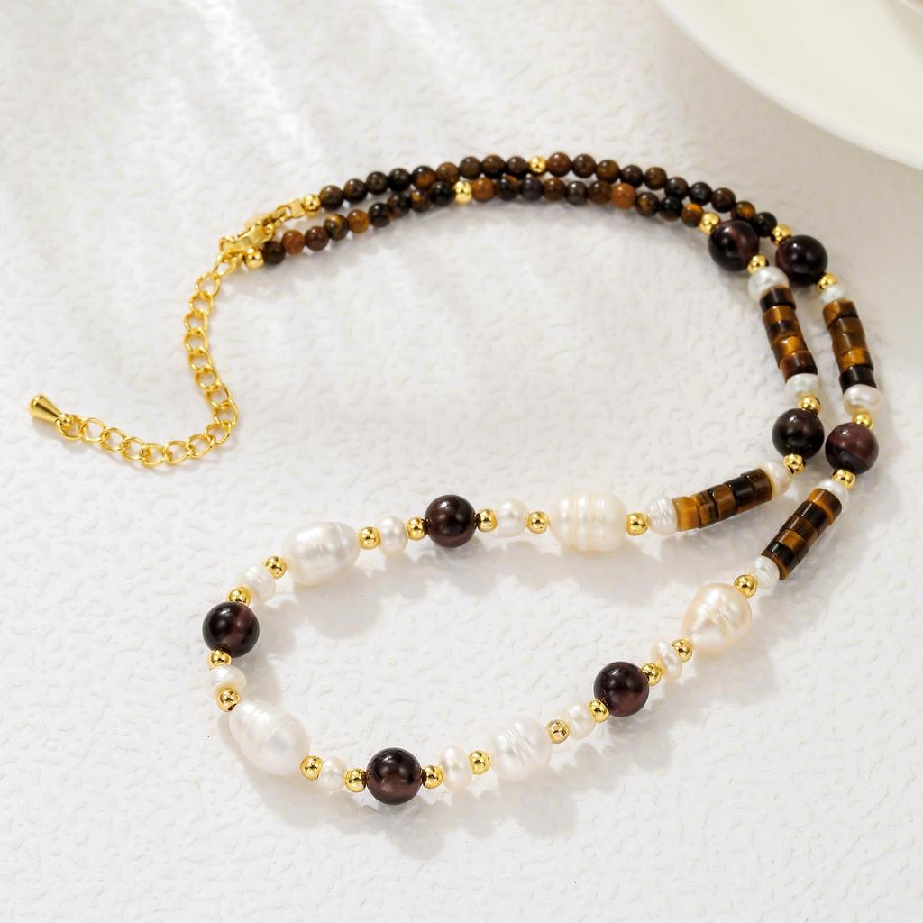 Caramel-Colored Tiger Eye & Freshwater Pearl Necklace and Bracelet Set: High-End Autumn/Winter Style