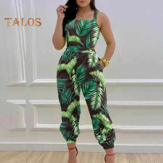 Women Jumpsuit Sleeveless Color Matching Printed Lace-up Bow Cross Back Pockets Ankle-banded Backless High Waist Lady Commute Party