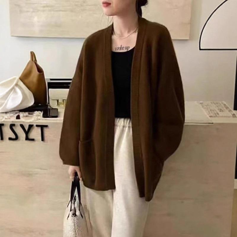 Medium and long lazy sweater jacket autumn and winter new solid color loose large size knitted cardigan women
