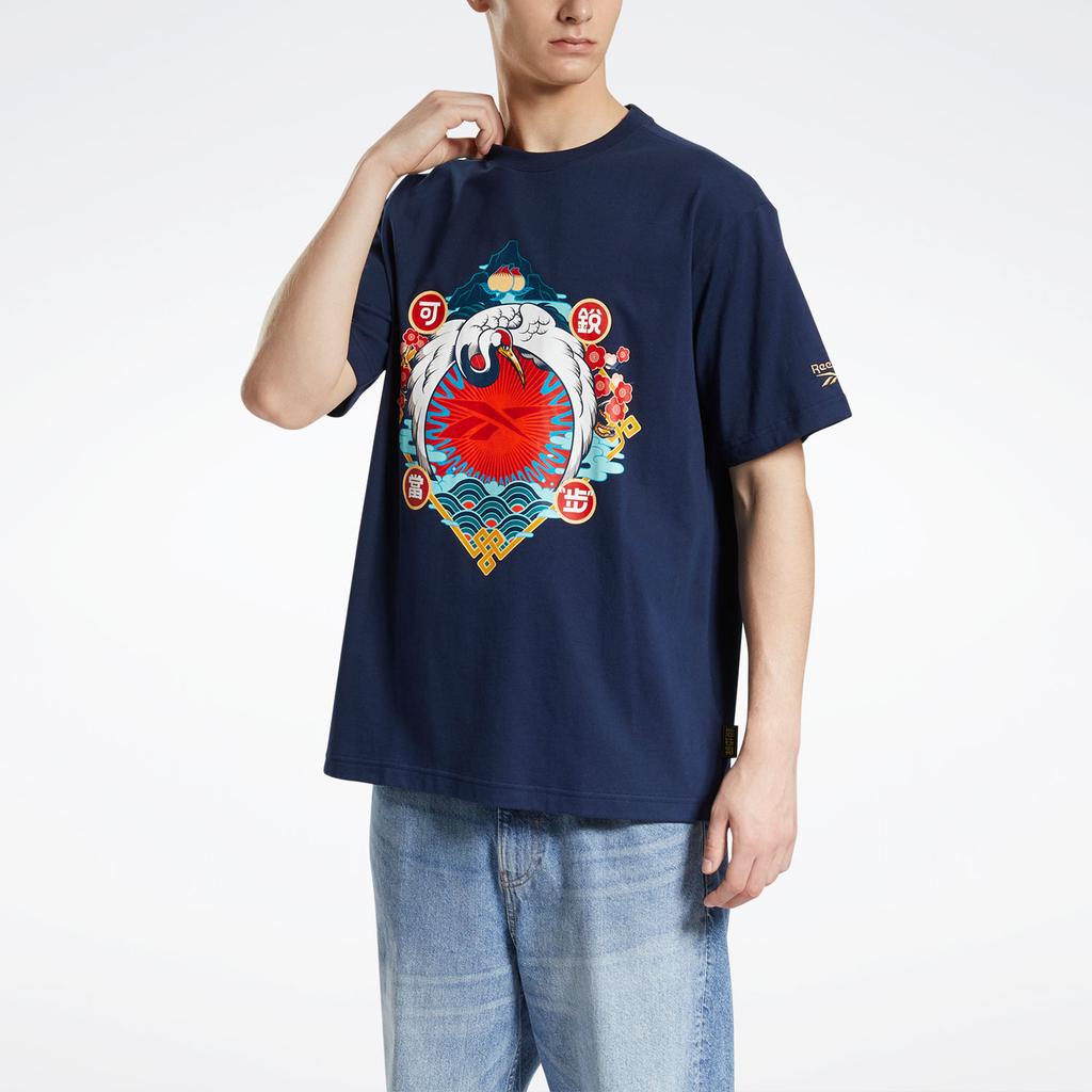 Reebok Crane Pattern Printed Casual Round Neck Short Sleeve T-Shirt Unisex Tops Navy-Blue GV0232