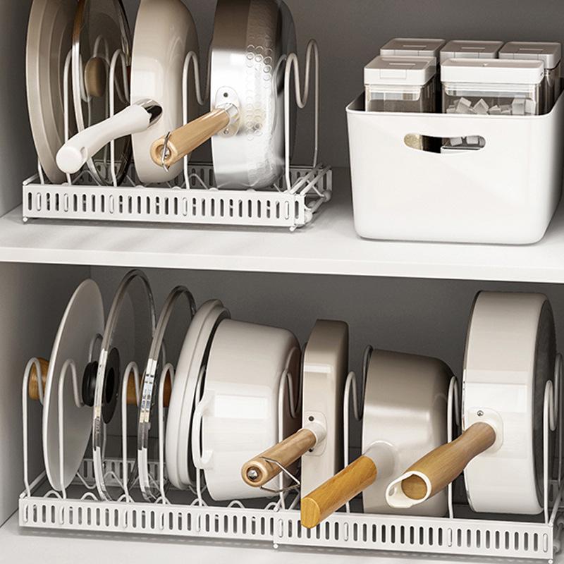 Adjustable Kitchen Storage Rack Organizer for Cookware, Cutting Boards, Pot Lids, and Telescopic Shelf.