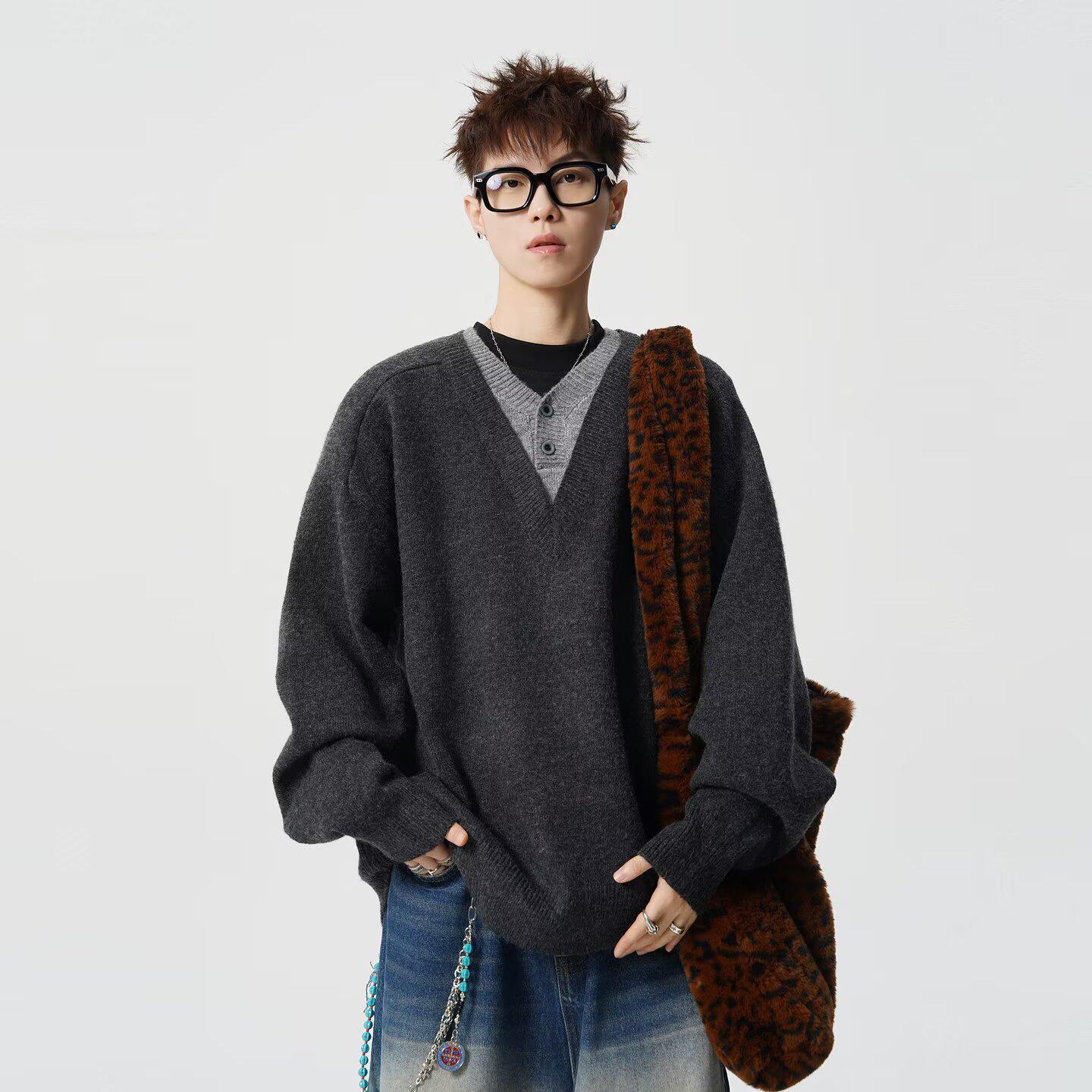 Men s High-End V-Neck Knit Sweater, Casual Loose Fit, Couple-Friendly for Autumn/Winter XL