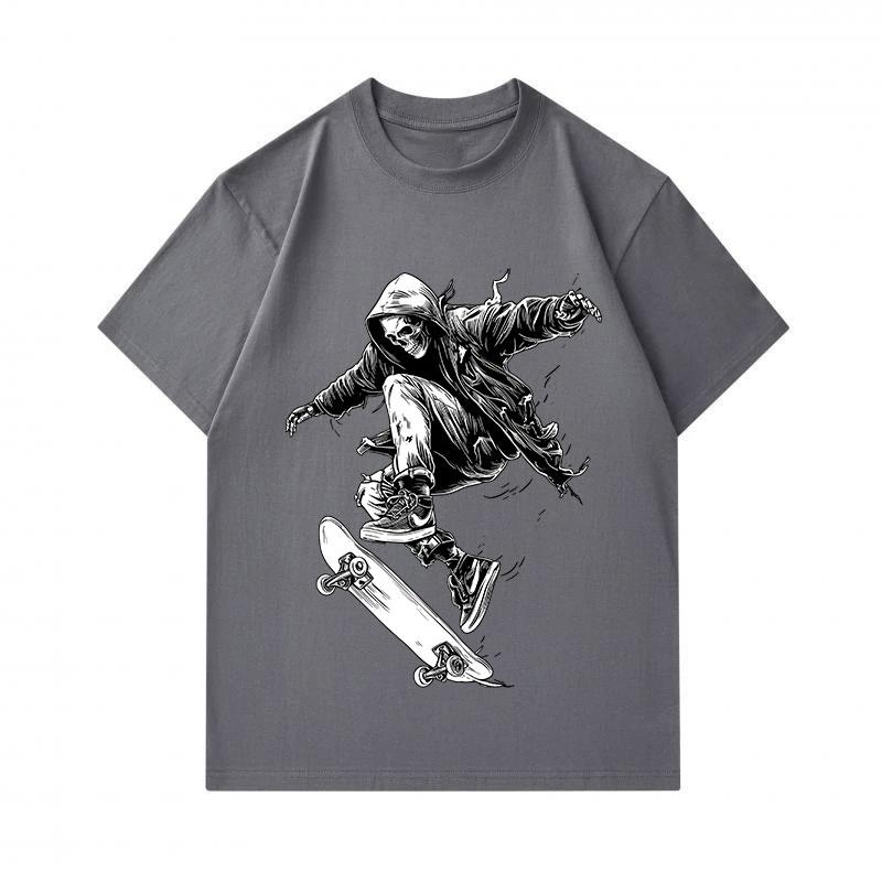 Mens 100% Cotton Crew Neck Short Sleeve T-shirt, Cool Skull Skeleton Skateboard Street Style Graphic Print Casual Comfortable Tees for Daily Wear