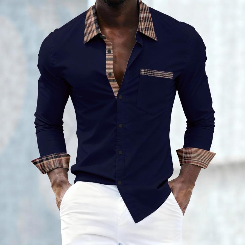 Men's Spring and Autumn New Plaid Splicing Lapel Long-sleeved Shirt Suitable for Daily Leisure