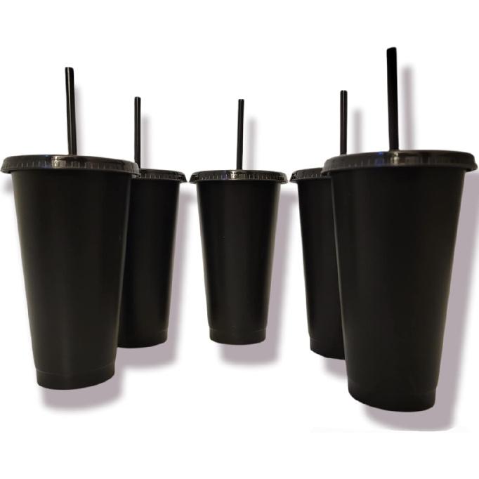 Matte Black Plastic Cups with Lids and Straws Reusable Tumbler Cold Cup | 24oz - 5 Pack | Customize & Personalize - Great for Iced Coffee, Travel,