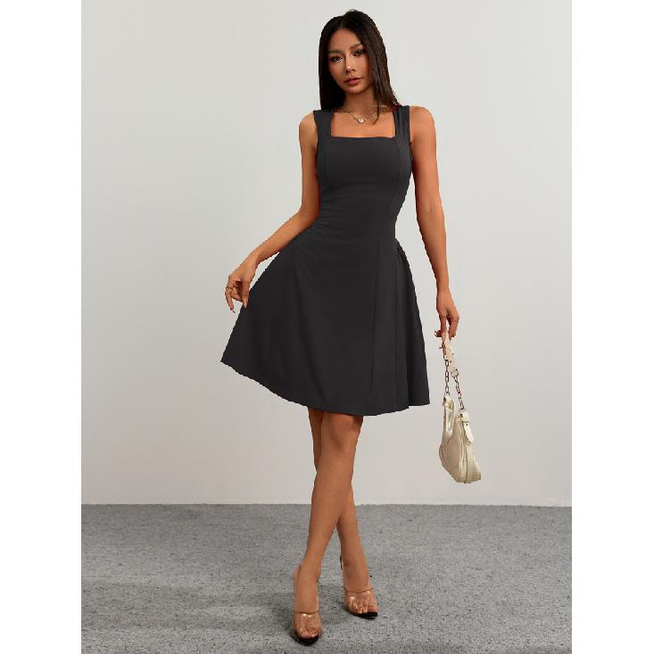 Fashion Solid Color Party Square Neck Backless Mini Slip Dresses 2025 New Elegant High Waist Club Pleated Short Dress