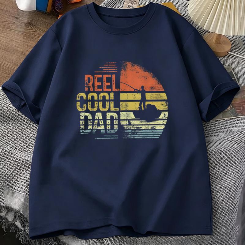 Fishing Dad T‑shirt Reel Cool Dad Retro Sunset Fisherman Design Casual Short Sleeve Mens Tee Fathers Day Gift Fishing Tee Top S