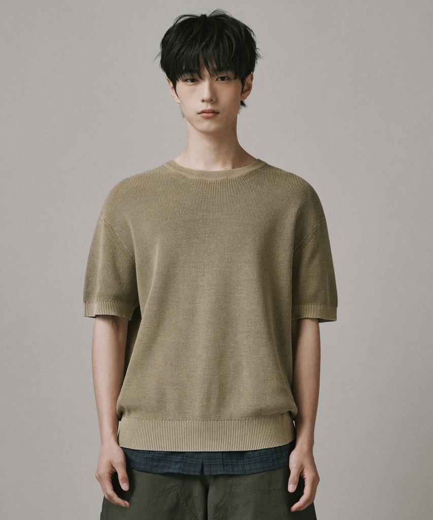 Beodeonteu Pigment Washed Round Neck Knit [Beige]