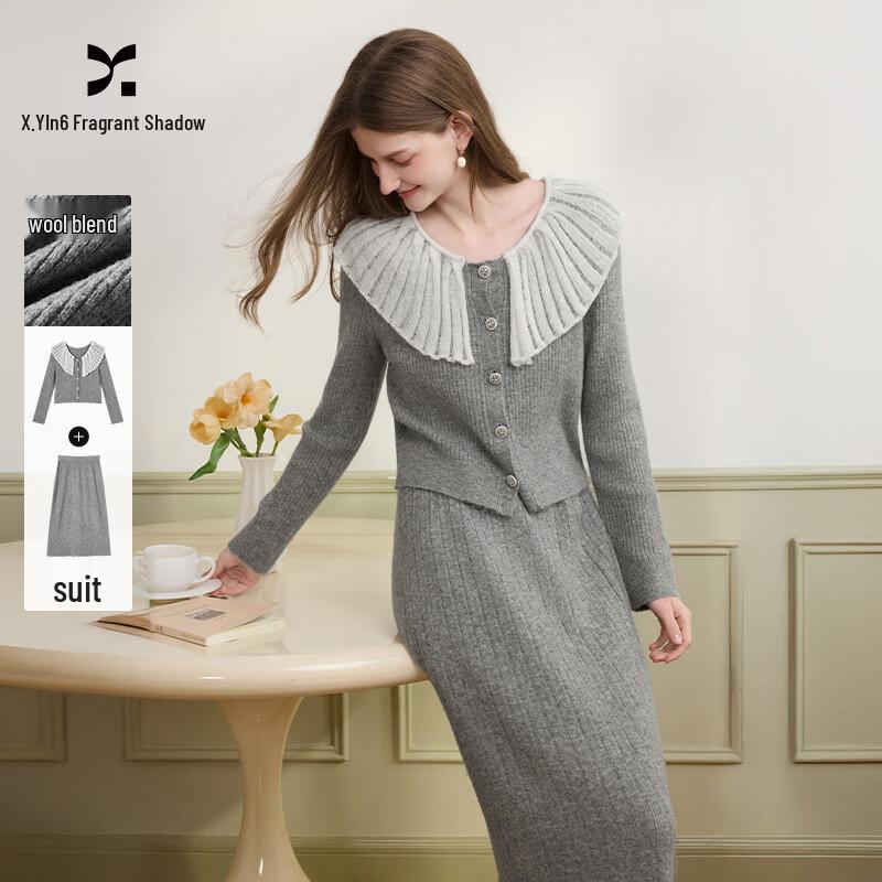 Xiangying Women s 2025 Winter Little Fragrance Grey Knit Set S