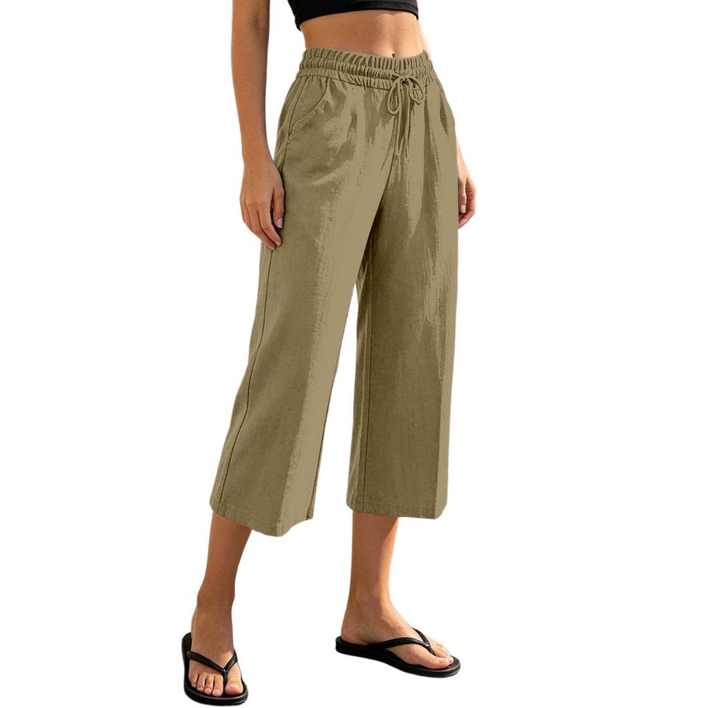 Women Drawstring Waist Loose Fit Cotton Linen Cropped Pants with Back Pocket Relaxed Fit Casual Seven Eighths Trousers for Daily Wear