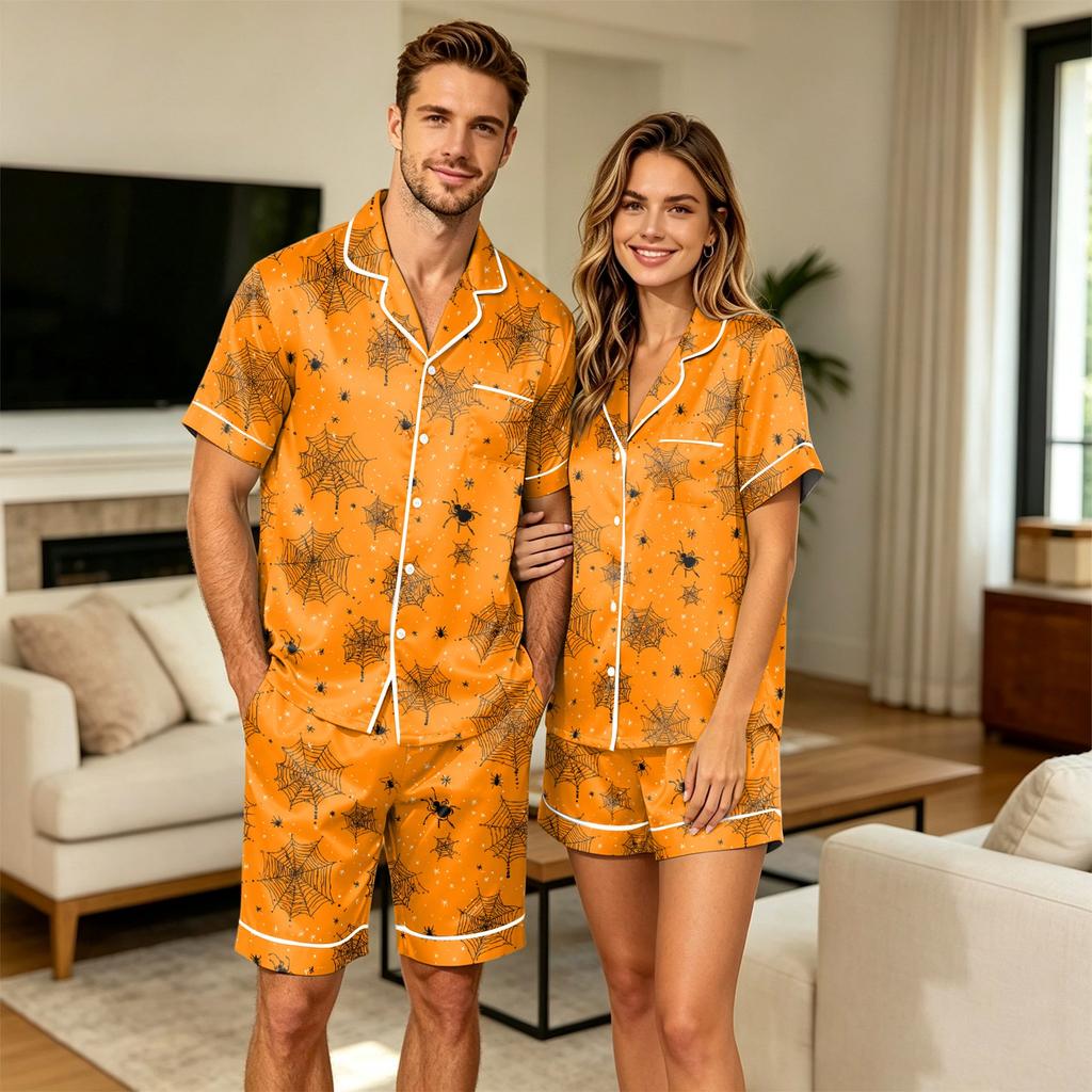 Women's Halloween Print Short Sleeve T-Shirt with Pocket and Shorts Pajama Set for Couples