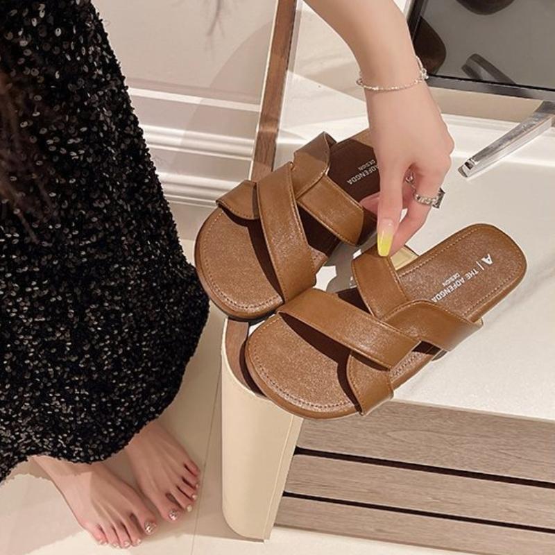 

New Round Head Women s Flat Shoes Fashion Peep Toe Cross Belt Design Slippers Casual Beach Vacation Non Slip Sandals 40 шоколадний