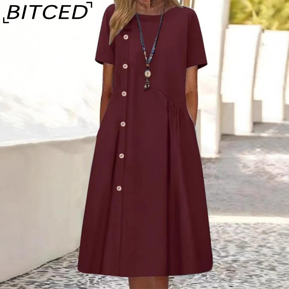 BITCED Women's Fashion Summer Spring Solid Color Print Short Sleeve O-Neck High Waist Casual Dresses