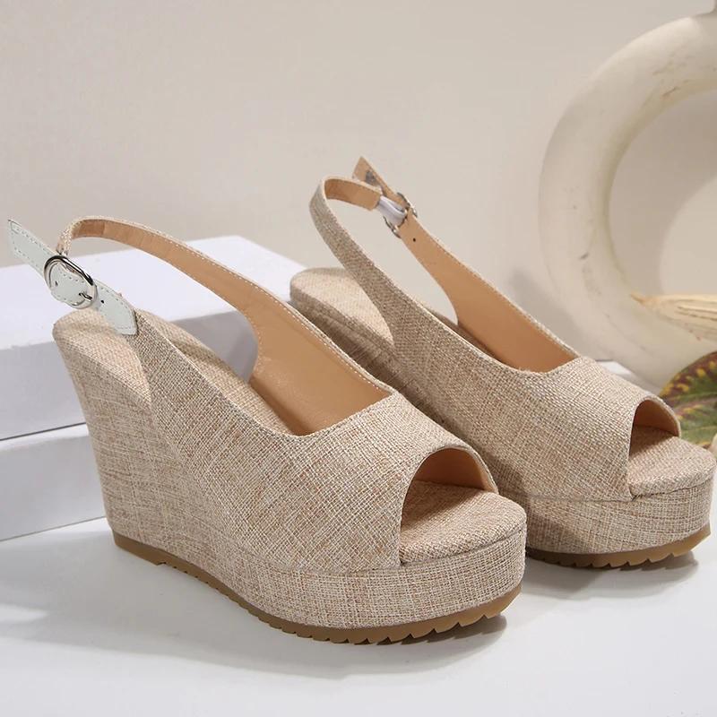 Fashion Fashion Women's Back Strap Chunky Platform Sandal Summer Peep Toe High Heel Sandals Woman New Non Slip Wedge Beige Sandal Female