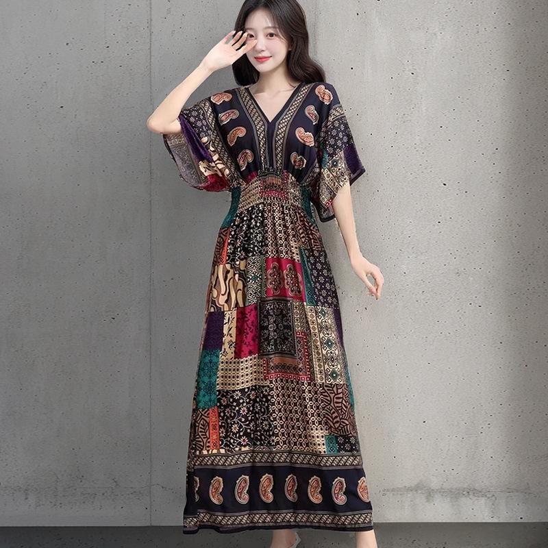 Ethnic Style V-neck Cotton and Silk Short-sleeved French Thai Style Dress for Women's Summer Printing Pastoral Style Skirt for Vacation Wear