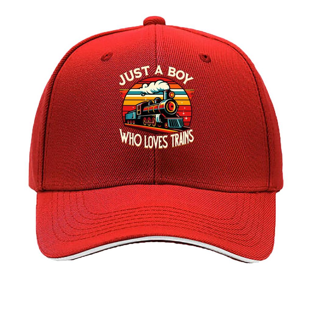 Just A Boy Who Loves Trains Vintage Steam Locomotive Sandwich Baseball Cap Unisex Women Sun Cap Outdoor Workouts Hat