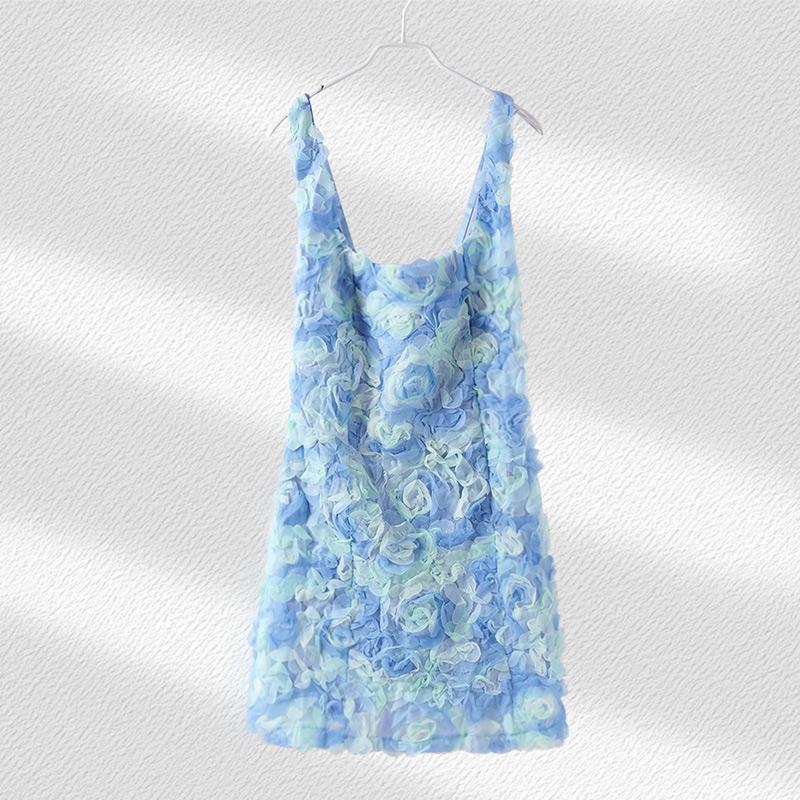Estate 2026 Sexy Scollo Quadrato Fiore 3D Vestito Corto Aderente Senza Maniche Senza Spalline Moda Abbigliamento Donna Mini Abiti