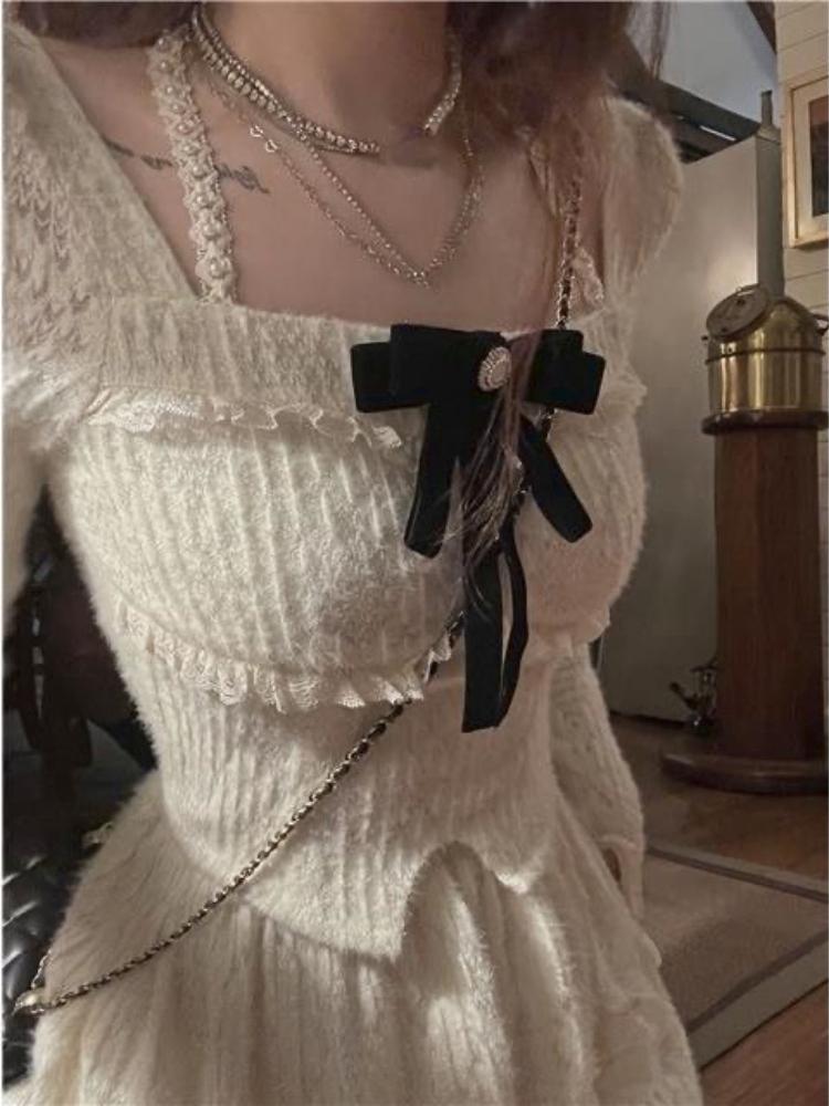 France Vintage Sweet Two Piece Set Women Patchwork Bow Elegant Party Princess Skirts Suit Female Korean Fashion Lace Slim Casual Sets 2026 New