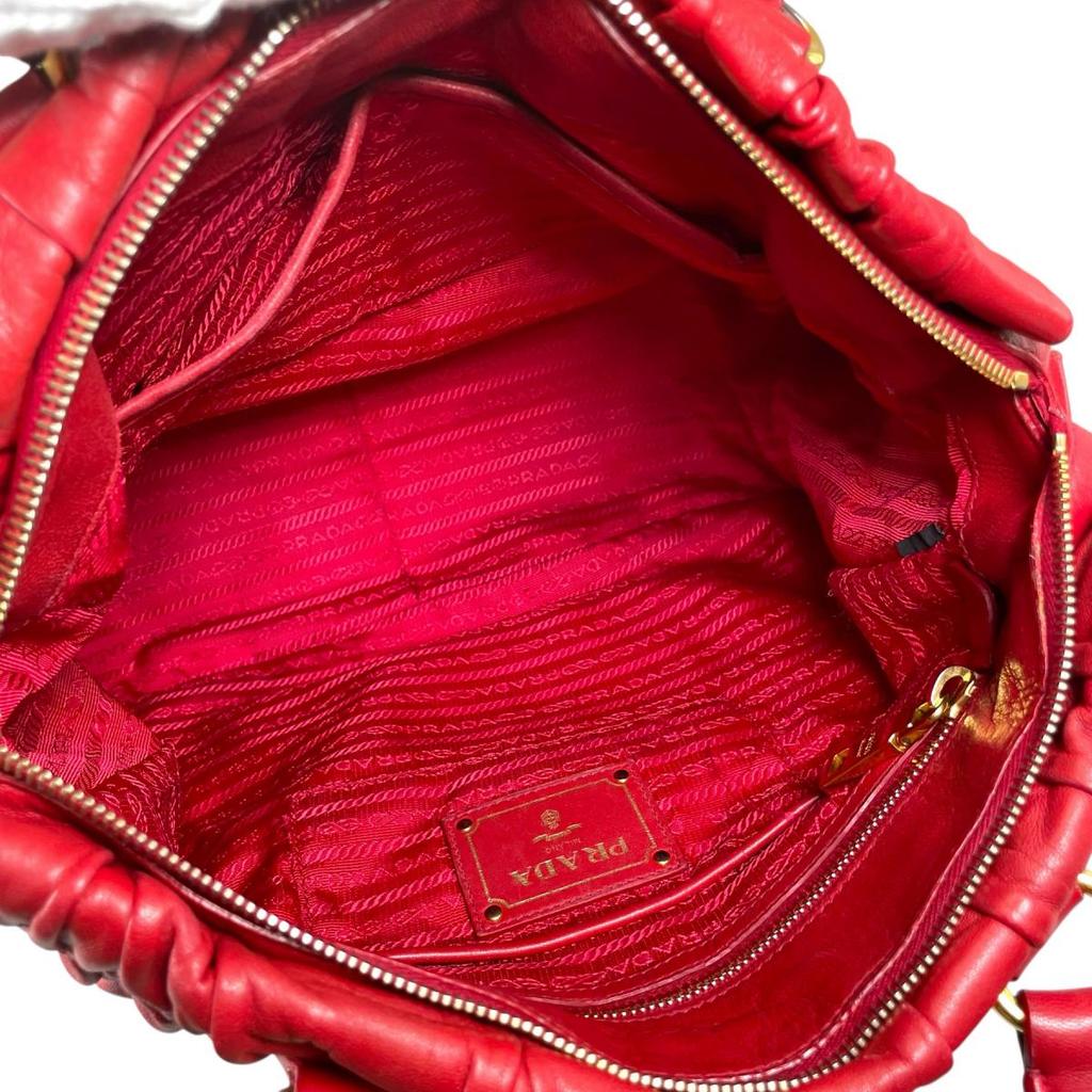 PRADA gathered Nappa Goful Tote Bag leather Red Women B2588L Used