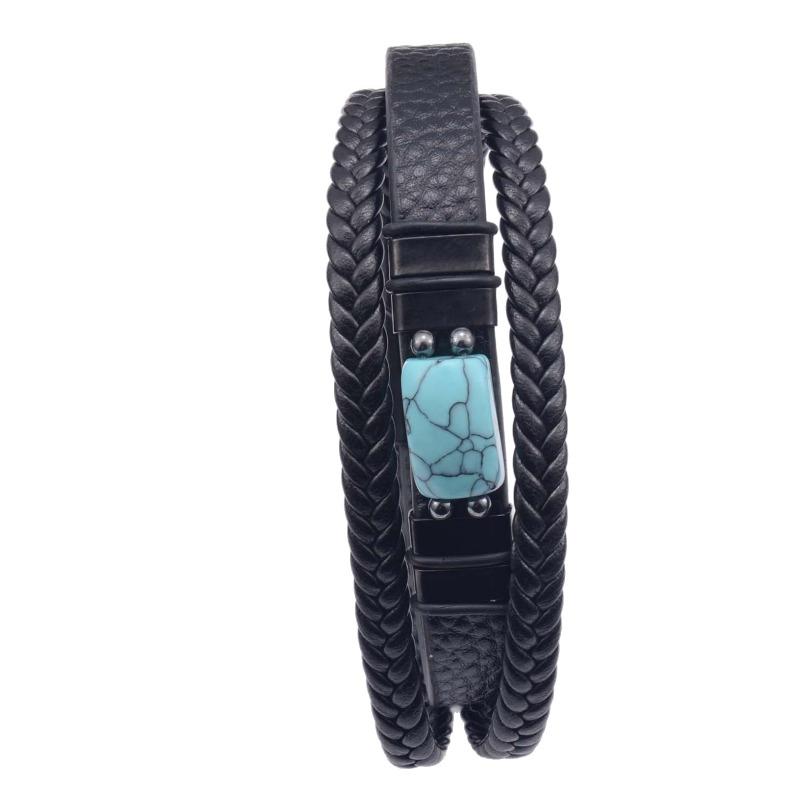 Türkis-Single-Lederarmband für Herren, Mehrschichtig geflochtenes Leder, Edelstahl