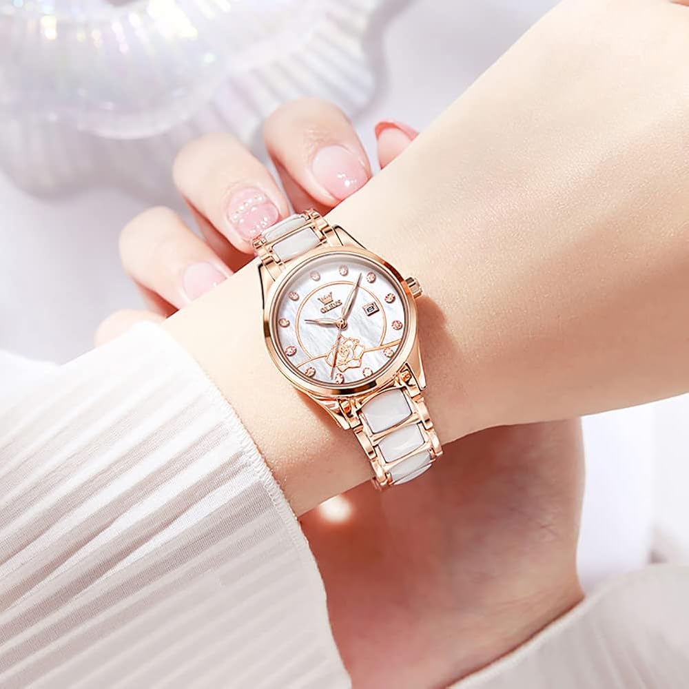 OLEVS Women's Cute Waterproof Watch with Japanese Movement, Luminous Display, Date Function, White