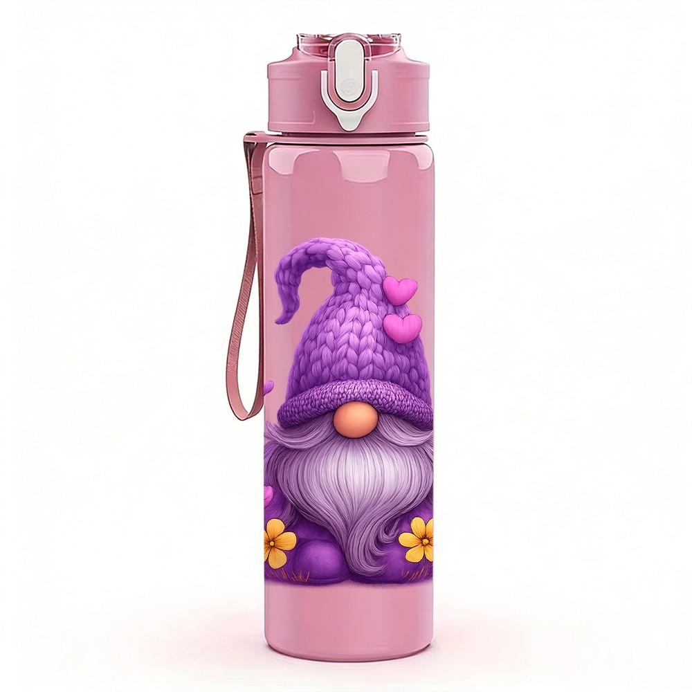1PC Purple Garden Gnome Art 750ml Color Plastic Sports Water Bottle Leakproof Flip Straw Lid Suitable for Sports Office Home Use