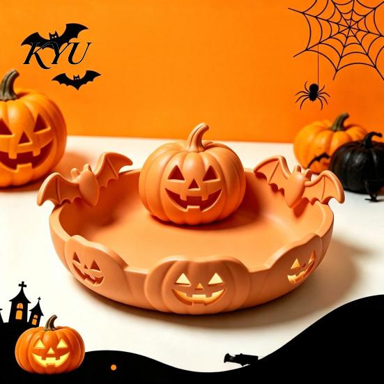 Party Food Display Tray Halloween Pumpkin Tray, Bat Relief Candy Holder, 3D Printed Holiday Gift for Desktop Storage Bowl, Spooky Tabletop Ornament