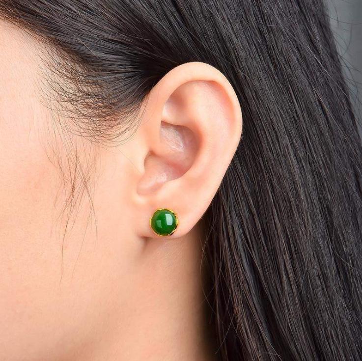 18k Gold-Plated Green Chalcedony and Jasper Stud Earrings for Women