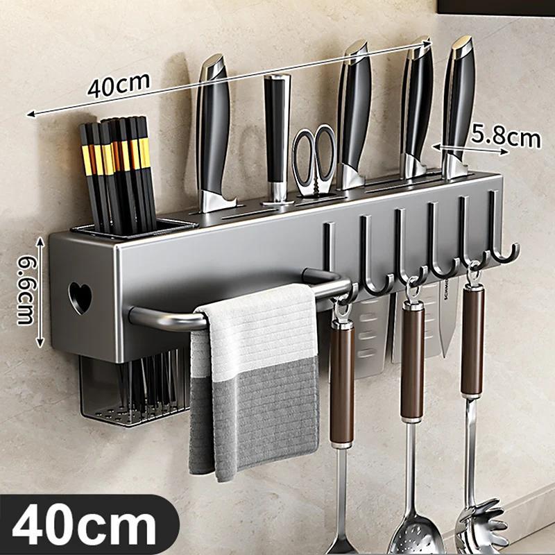Grey 30/40cm Wall Mounted Kitchen Organizer Rack Multifunctional Knife Holder with Towel Hanger Utensils Storage Shelf