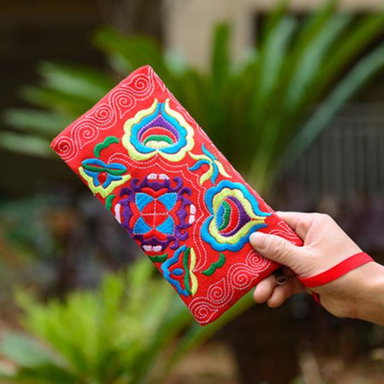 Women Ethnic Handmade Embroidered Wristlet Clutch Bag Zipper Purse Long Wallet